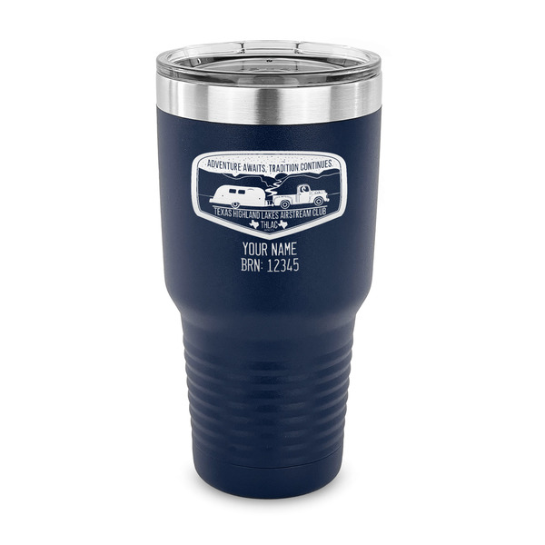 Custom Texas Highland Lakes Airstream Club Logo 30 oz Stainless Steel Tumbler - Navy - Single-Sided