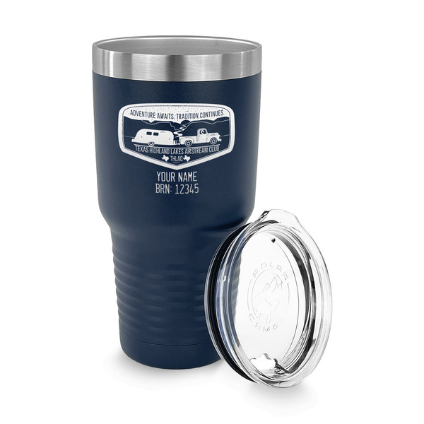 Texas Highland Lakes Airstream Club Logo 30 oz Stainless Steel Ringneck Tumblers - Navy - LID OFF