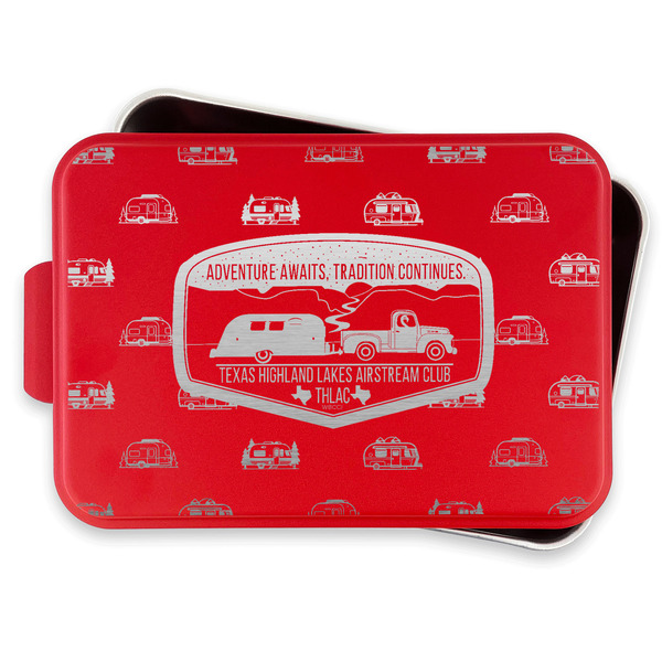 Texas Highland Lakes Airstream Club Logo Aluminum Baking Pan - Red Lid - FRONT w/lif off