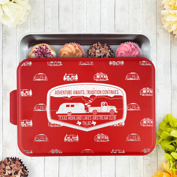Texas Highland Lakes Airstream Club Logo Aluminum Baking Pan - Red Lid - LIFESTYLE