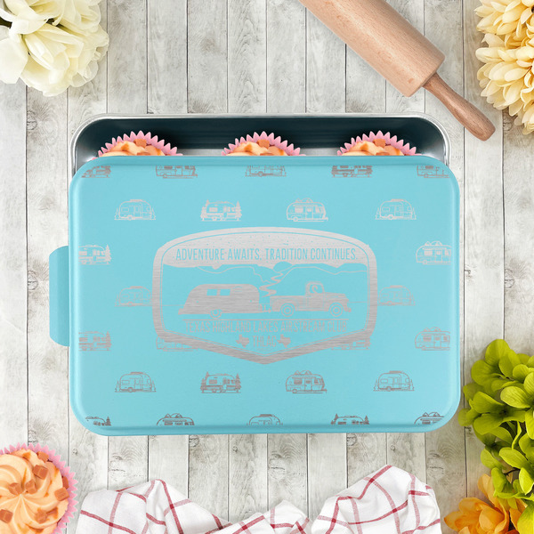 Texas Highland Lakes Airstream Club Logo Aluminum Baking Pan - Teal Lid - LIFESTYLE