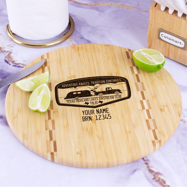 Texas Highland Lakes Airstream Club Logo Bamboo Cutting Board - In Context