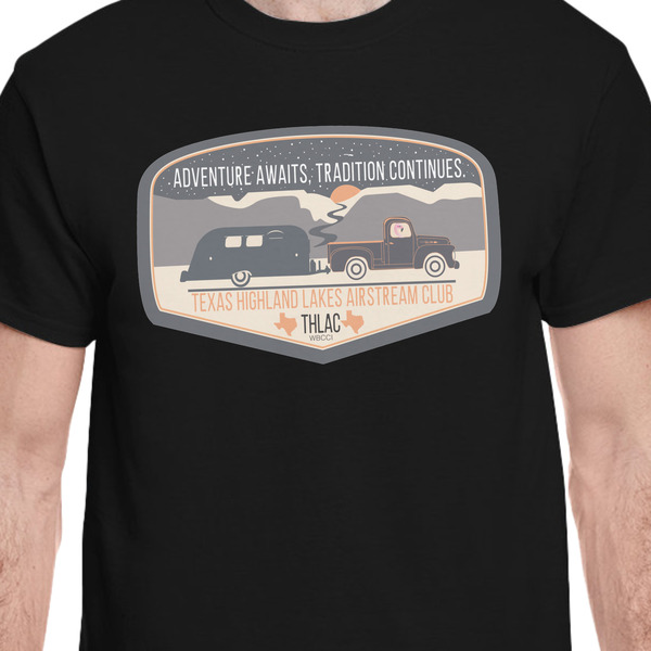 Texas Highland Lakes Airstream Club Logo Black Crew T-Shirt on Model - CloseUp