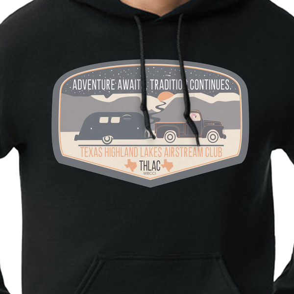Texas Highland Lakes Airstream Club Logo Black Hoodie on Model - CloseUp