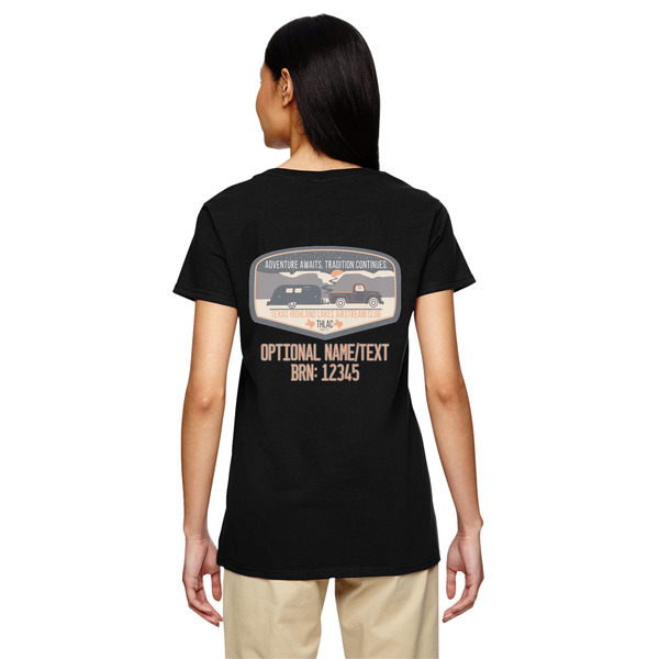 Texas Highland Lakes Airstream Club Logo Black V-Neck T-Shirt on Model - Back