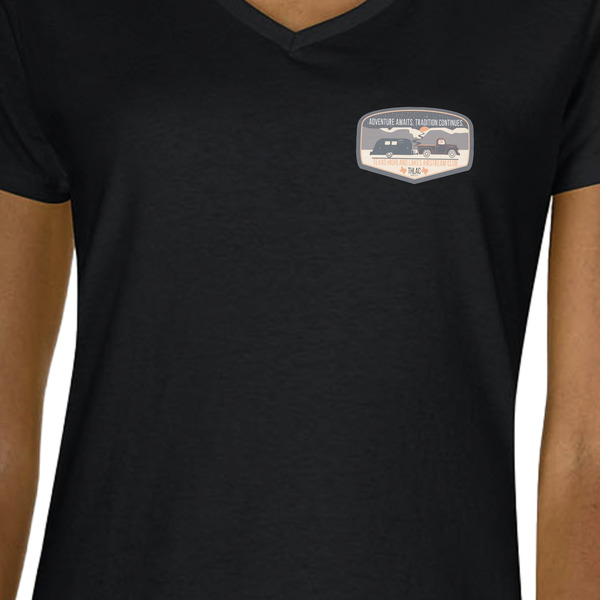 Texas Highland Lakes Airstream Club Logo Black V-Neck T-Shirt on Model - CloseUp