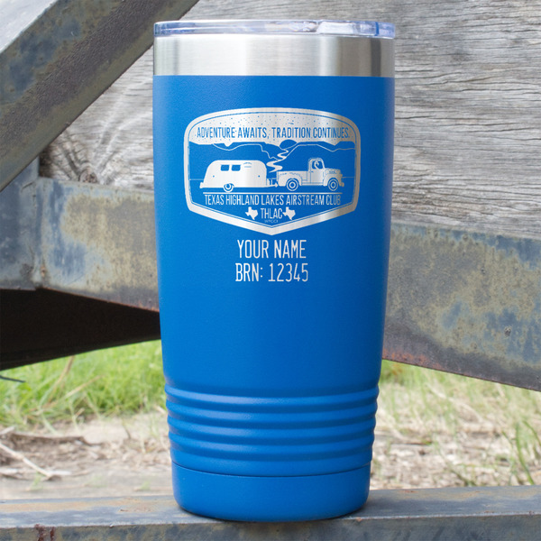 Custom Texas Highland Lakes Airstream Club Logo 20 oz Stainless Steel Tumbler - Royal Blue - Single-Sided