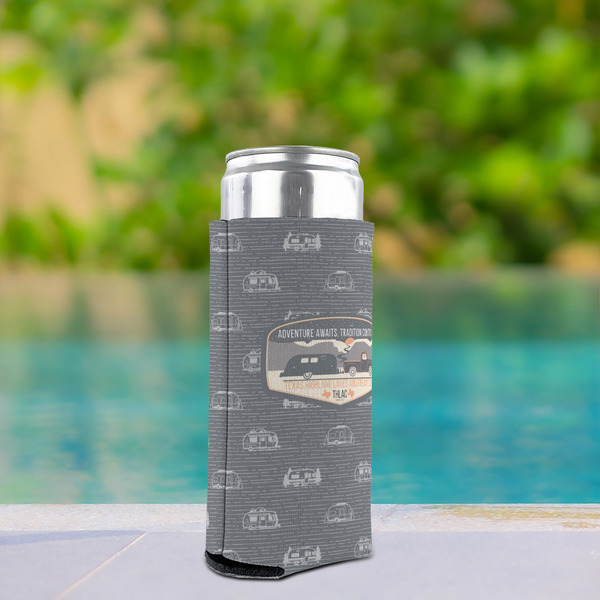 Texas Highland Lakes Airstream Club Logo Can Cooler - Tall 12oz - In Context