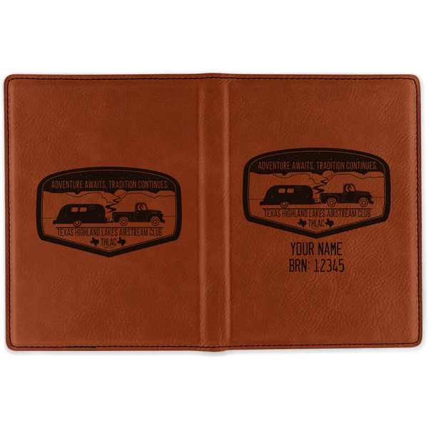 Texas Highland Lakes Airstream Club Logo Cognac Leather Passport Holder Outside Double Sided - Apvl