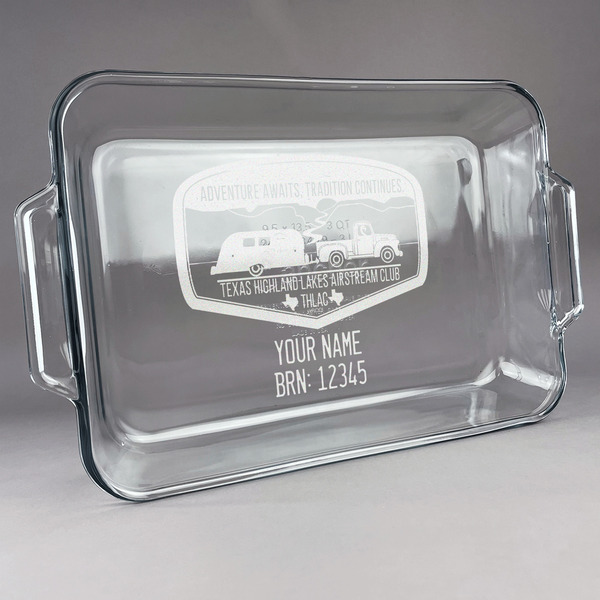 Custom Texas Highland Lakes Airstream Club Logo Glass Baking and Cake Dish