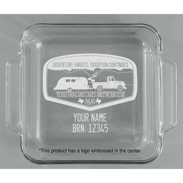 Texas Highland Lakes Airstream Club Logo Glass Cake Dish - 8"x8" - Approval