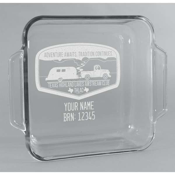 Custom Texas Highland Lakes Airstream Club Logo Glass Cake Dish - 8in x 8in