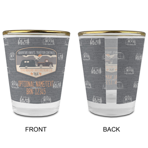 Texas Highland Lakes Airstream Club Logo Glass Shot Glass - Gold Rim - Front & Back