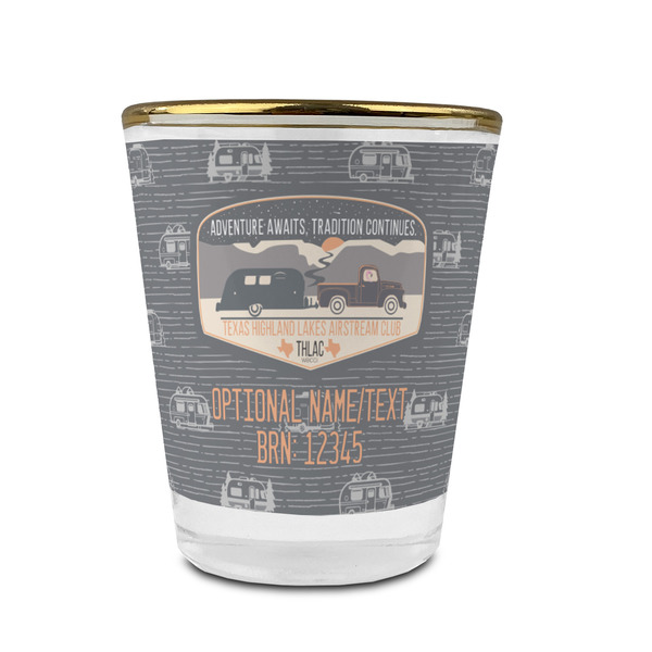 Texas Highland Lakes Airstream Club Logo Glass Shot Glass - Gold Rim - Front