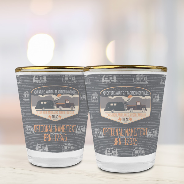 Texas Highland Lakes Airstream Club Logo Glass Shot Glass - Gold Rim - Lifestyle