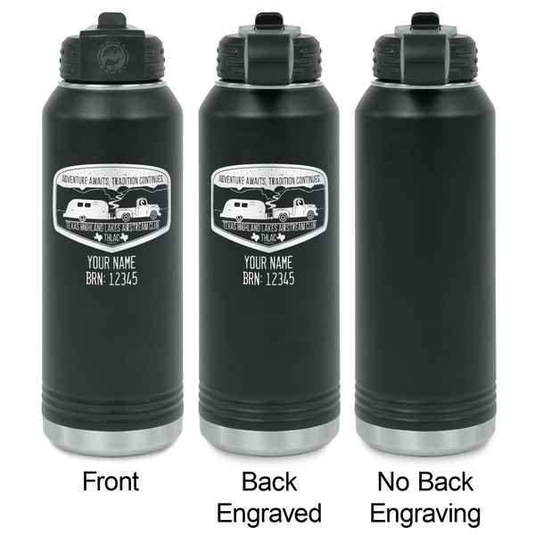 Texas Highland Lakes Airstream Club Logo Laser Engraved Water Bottles - 2 Styles - Front & Back View