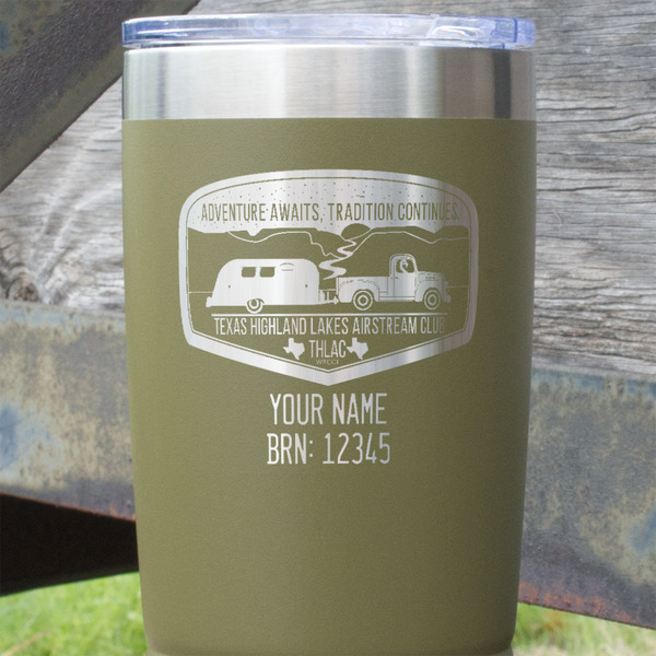 Texas Highland Lakes Airstream Club Logo Olive Polar Camel Tumbler - 20oz - Close Up