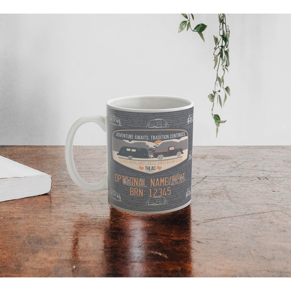 Texas Highland Lakes Airstream Club Logo Personalized Coffee Mug - Lifestyle