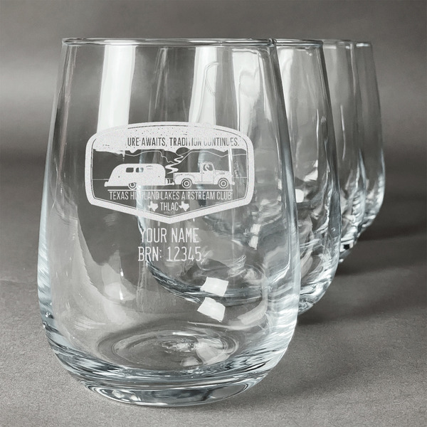 Custom Texas Highland Lakes Airstream Club Logo Stemless Wine Glasses - Laser Engraved- Set of 4
