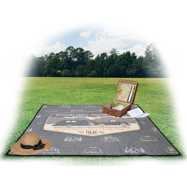 Texas Highland Lakes Airstream Club Logo Picnic Blanket - with Basket Hat and Book - in Use