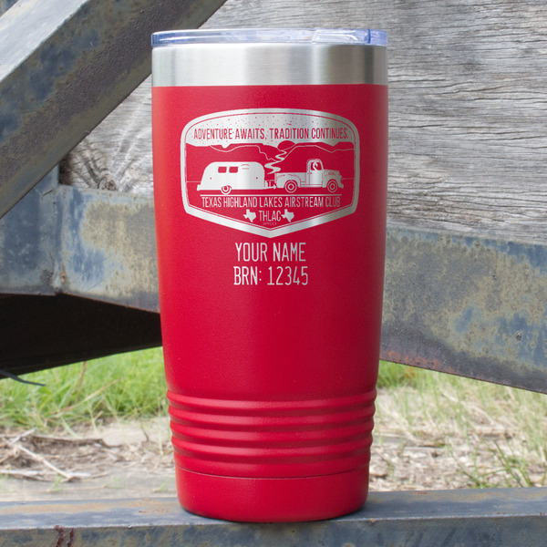 Custom Texas Highland Lakes Airstream Club Logo 20 oz Stainless Steel Tumbler - Red - Single-Sided