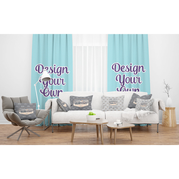 Texas Highland Lakes Airstream Club Logo Sheer and Custom Curtains in Room with Matching Pillows