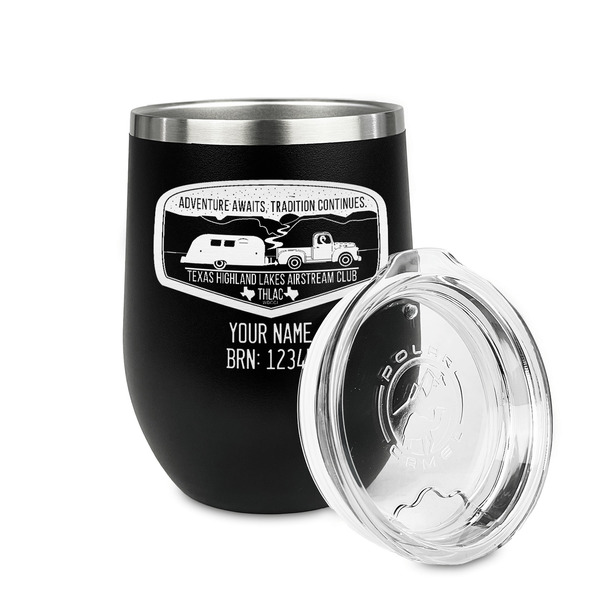 Texas Highland Lakes Airstream Club Logo Stainless Wine Tumblers - Black - Double Sided - Alt View