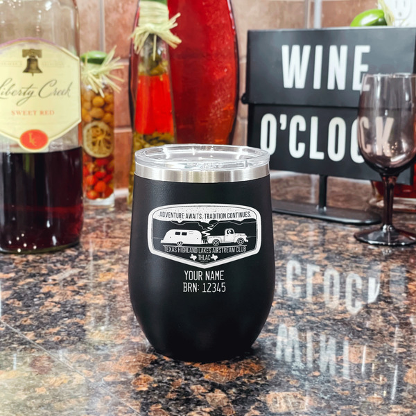 Texas Highland Lakes Airstream Club Logo Stainless Wine Tumblers - Black - Double Sided - In Context