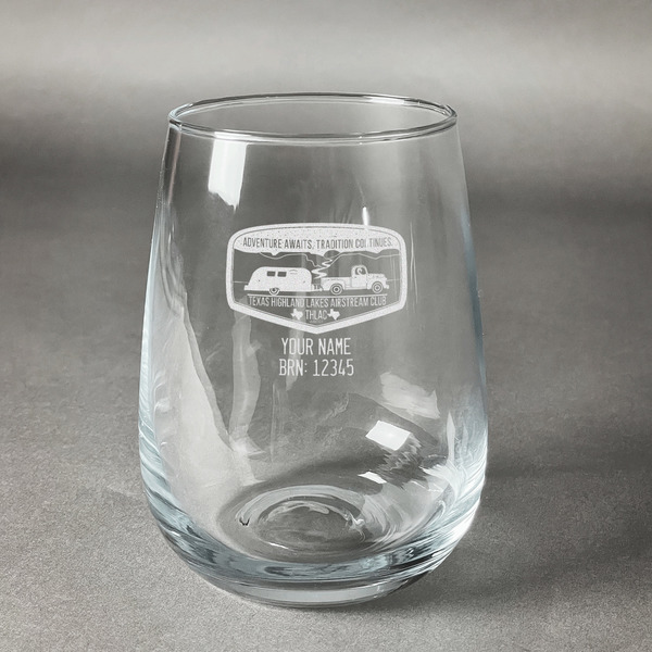 Custom Texas Highland Lakes Airstream Club Logo Stemless Wine Glass - Laser Engraved