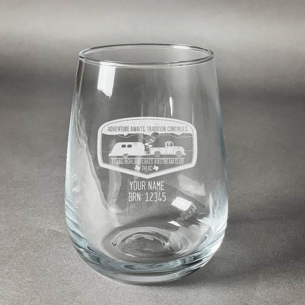 Custom Texas Highland Lakes Airstream Club Logo Stemless Wine Glass - Laser Engraved
