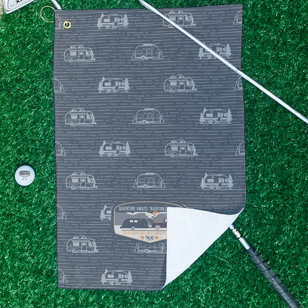 Texas Highland Lakes Airstream Club Logo Waffle Weave Golf Towel - In Context