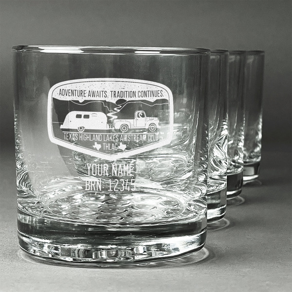 Custom Texas Highland Lakes Airstream Club Logo Whiskey Glasses - Engraved - Set of 4