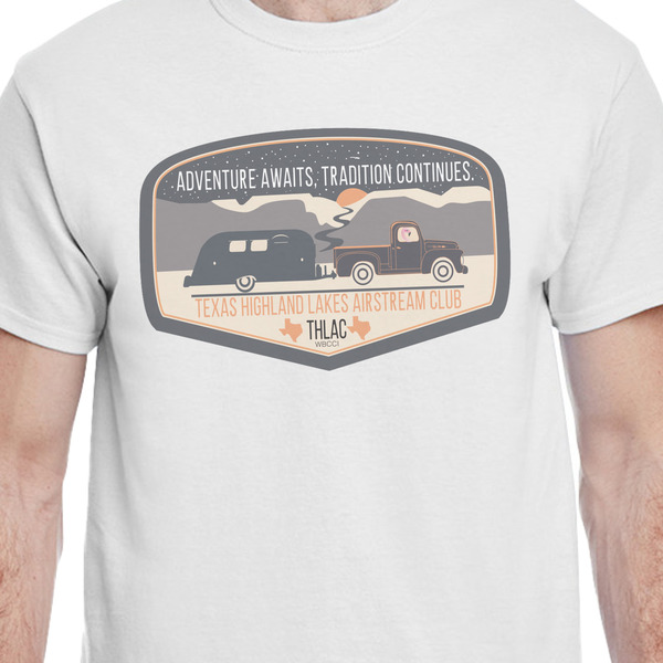 Texas Highland Lakes Airstream Club Logo White Crew T-Shirt on Model - CloseUp