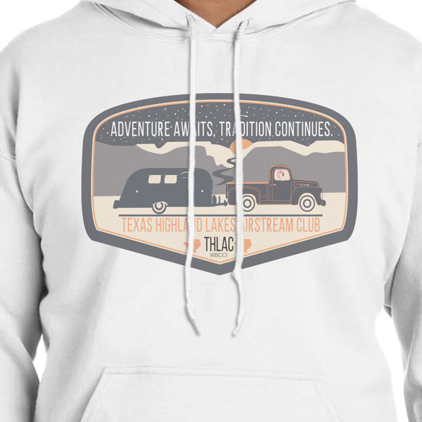 Texas Highland Lakes Airstream Club Logo White Hoodie on Model - CloseUp