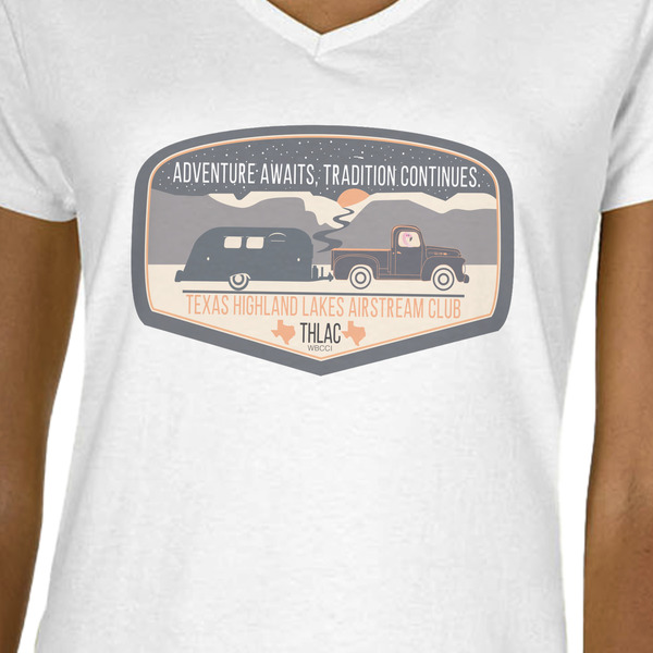 Texas Highland Lakes Airstream Club Logo White V-Neck T-Shirt on Model - CloseUp