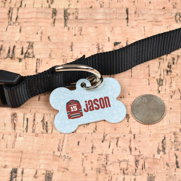 Hockey Bone Shaped Dog ID Tag - Large - In Context