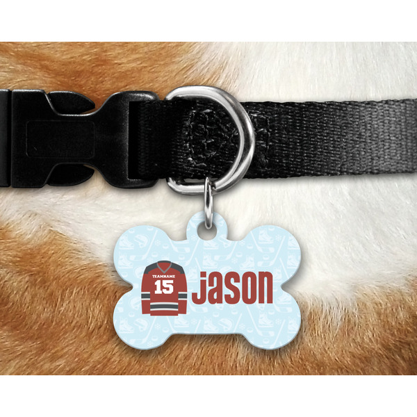 Hockey Bone Shaped Dog Tag on Collar & Dog
