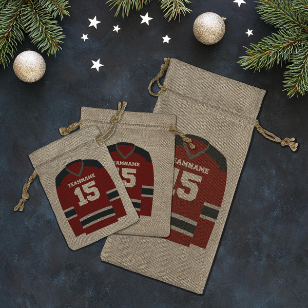 Hockey Burlap Gift Bags - LIFESTYLE (Flat lay)
