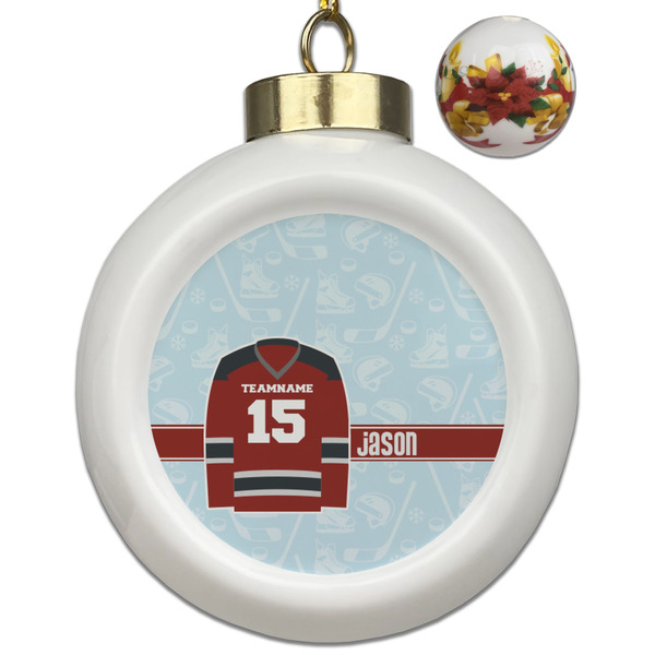 Custom Hockey Ceramic Ball Ornaments - Poinsettia Garland (Personalized)