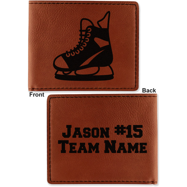 Hockey Cognac Leatherette Bifold Wallets - Front and Back