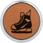 Hockey Leatherette Round Coaster w/ Silver Edge - Single or Set