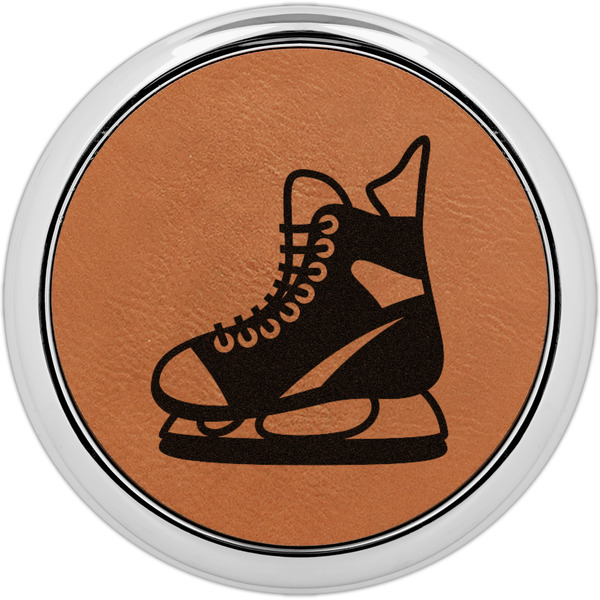 Custom Hockey Leatherette Round Coaster w/ Silver Edge - Single or Set