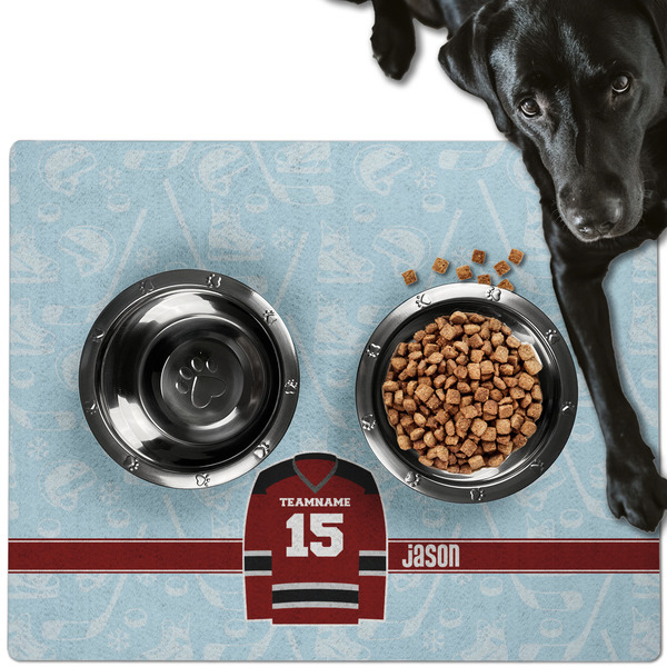 Custom Hockey Dog Food Mat - Large w/ Name and Number