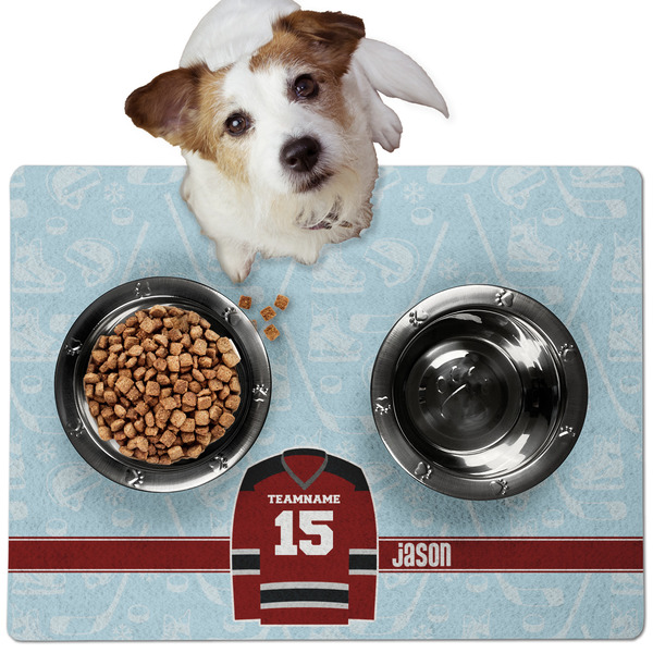 Custom Hockey Dog Food Mat - Medium w/ Name and Number