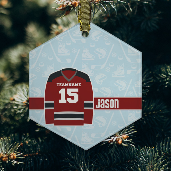 Hockey Frosted Glass Ornament - Hexagon (Lifestyle)