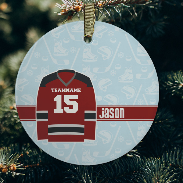 Hockey Frosted Glass Ornament - Round (Lifestyle)