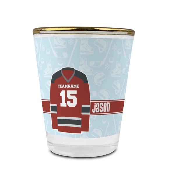 Custom Hockey Glass Shot Glass - 1.5 oz - with Gold Rim - Set of 4 (Personalized)
