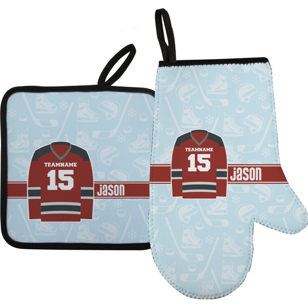 Custom Hockey Right Oven Mitt & Pot Holder Set w/ Name and Number