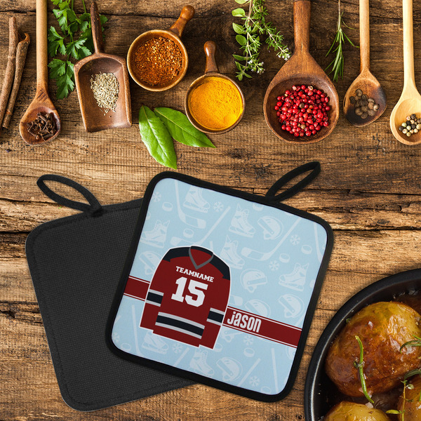 Hockey Neoprene Pot Holder - Set of 2  LIFESTYLE (Flatlay)