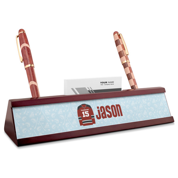 Custom Hockey Red Mahogany Nameplate with Business Card Holder (Personalized)
